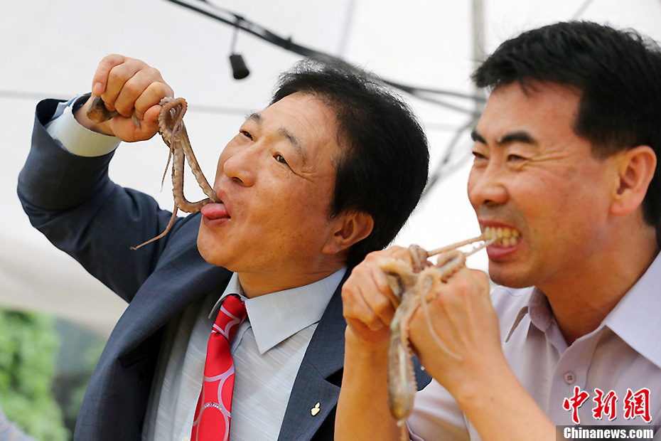 韩国饮食节举办生吃鱿鱼比赛选手个个生猛霸气